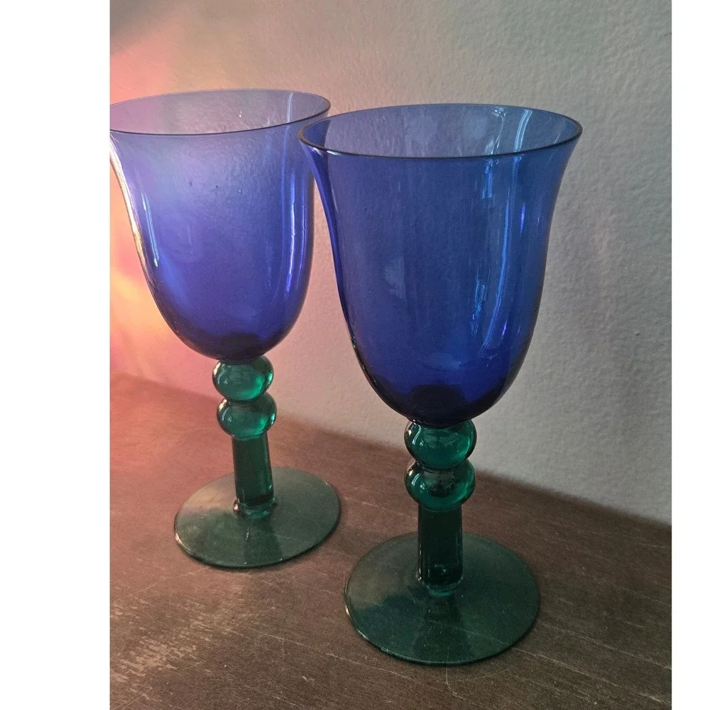 Vintage Cobalt Blue Emerald Green Art Glass Wine Goblets Pair 7.5